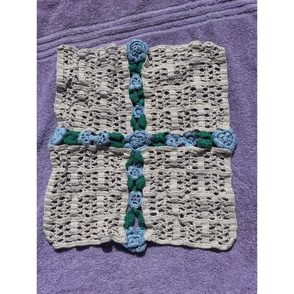 Handmade Crotchet Granny Square Vintage Cottage Core Blue Flowers 11x13